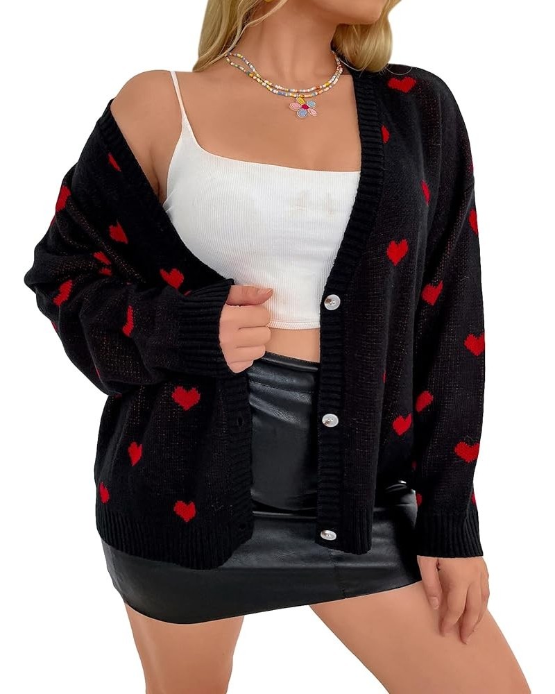 Women's Plus Size Heart Print Long Sleeve Drop Shoulder Button Front Cute Cardigan Sweater Coat Black $22.43 Sweaters