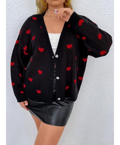 Women's Plus Size Heart Print Long Sleeve Drop Shoulder Button Front Cute Cardigan Sweater Coat Black $22.43 Sweaters