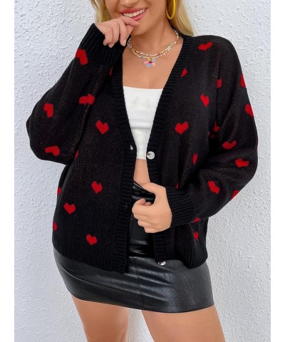 Women's Plus Size Heart Print Long Sleeve Drop Shoulder Button Front Cute Cardigan Sweater Coat Black $22.43 Sweaters