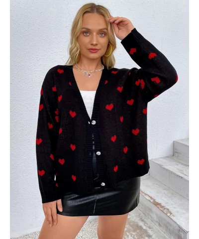 Women's Plus Size Heart Print Long Sleeve Drop Shoulder Button Front Cute Cardigan Sweater Coat Black $22.43 Sweaters