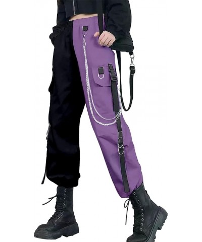 Women Trousers Pants with Chain Pocket High Waist Capri Cinch Bottom Sweatpants Joggers 4 Patchwork Black & Purple $14.25 Pants