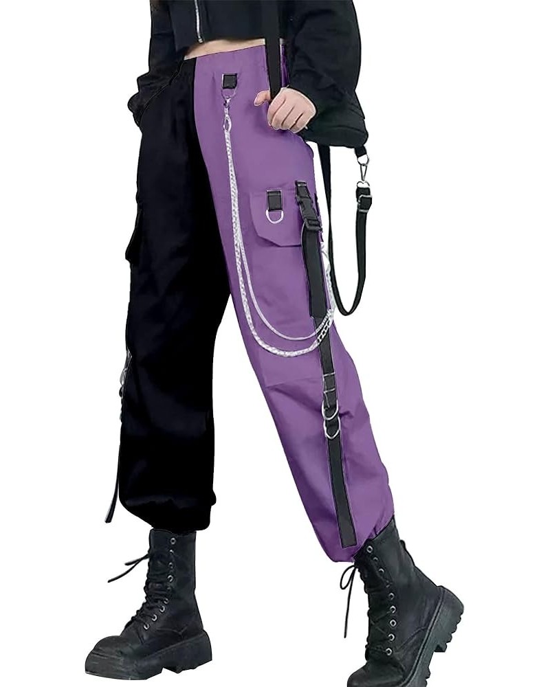 Women Trousers Pants with Chain Pocket High Waist Capri Cinch Bottom Sweatpants Joggers 4 Patchwork Black & Purple $14.25 Pants