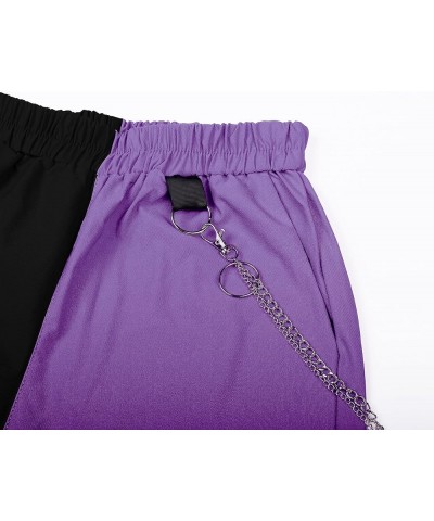 Women Trousers Pants with Chain Pocket High Waist Capri Cinch Bottom Sweatpants Joggers 4 Patchwork Black & Purple $14.25 Pants