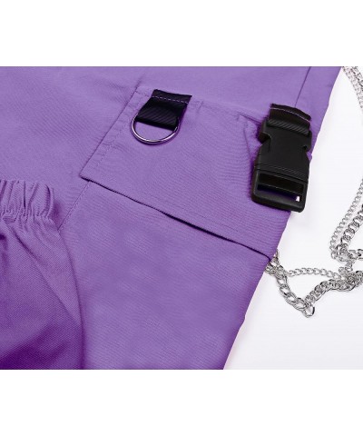 Women Trousers Pants with Chain Pocket High Waist Capri Cinch Bottom Sweatpants Joggers 4 Patchwork Black & Purple $14.25 Pants