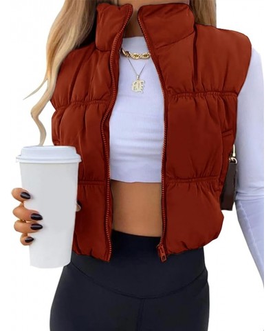 Womens Cropped Puffer Vest Zip Up Stand Collar Lightweight Sleeveless Padded Gilet with Pockets Red $17.48 Vests