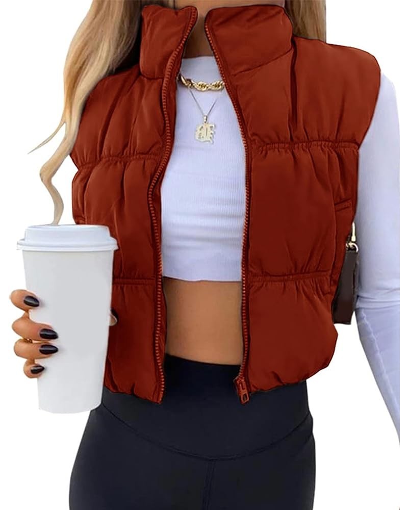 Womens Cropped Puffer Vest Zip Up Stand Collar Lightweight Sleeveless Padded Gilet with Pockets Red $17.48 Vests