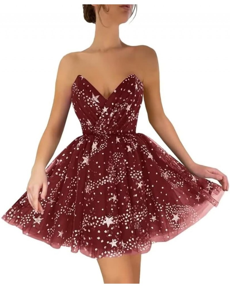 Sparkle Starry Prom Dresses Tulle Ball Gown V-Neck Long Formal Evening Party Gowns with Slit 01-burgundy $31.85 Dresses