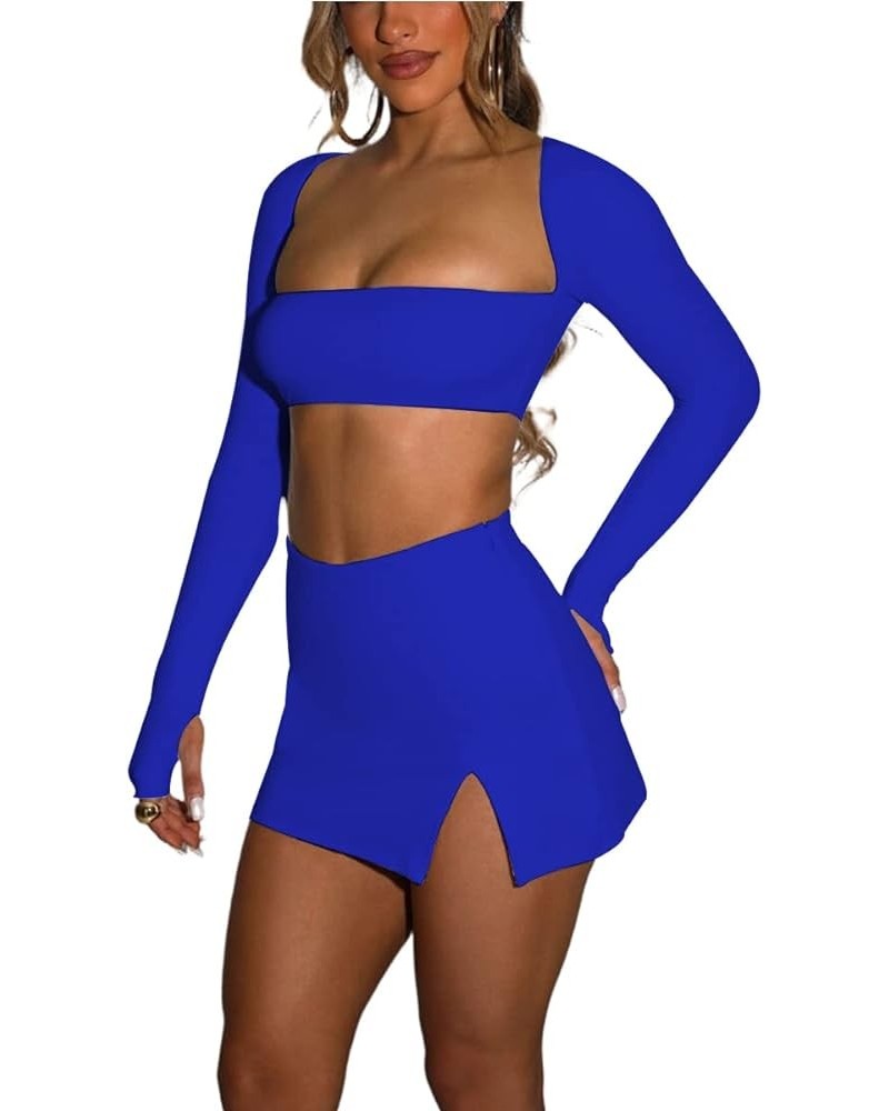 Women’s 2 Piece Set Long Sleeve Square Neck Crop Top Bodycon Mini Club Party Skirt Set Royal Blue $17.04 Suits