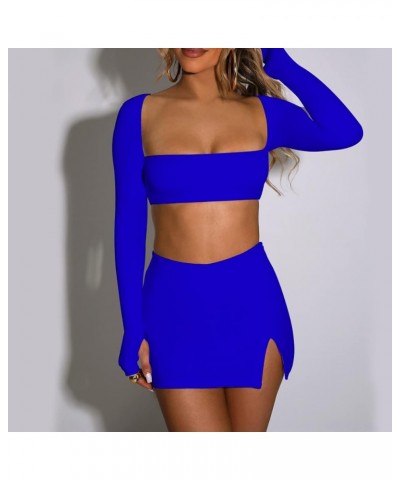 Women’s 2 Piece Set Long Sleeve Square Neck Crop Top Bodycon Mini Club Party Skirt Set Royal Blue $17.04 Suits