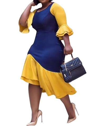 Women Plus Size Asymmetrical Patchwork Colorblock Blue Yellow Ruffle Long Sleeve Bodycon Party Midi Dress Multicoloured $15.5...