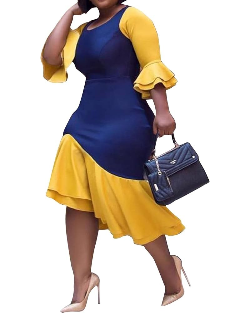 Women Plus Size Asymmetrical Patchwork Colorblock Blue Yellow Ruffle Long Sleeve Bodycon Party Midi Dress Multicoloured $15.5...