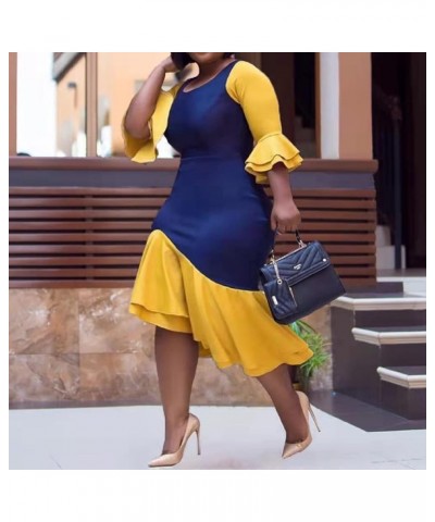 Women Plus Size Asymmetrical Patchwork Colorblock Blue Yellow Ruffle Long Sleeve Bodycon Party Midi Dress Multicoloured $15.5...