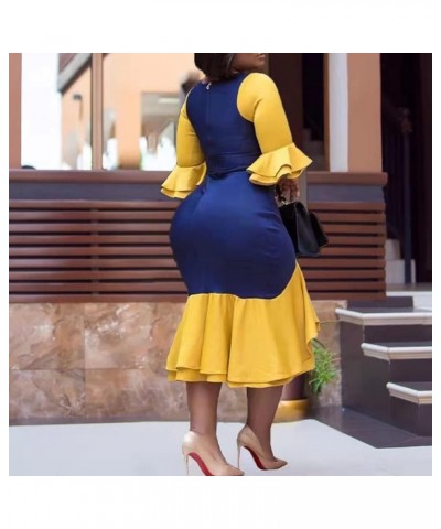 Women Plus Size Asymmetrical Patchwork Colorblock Blue Yellow Ruffle Long Sleeve Bodycon Party Midi Dress Multicoloured $15.5...