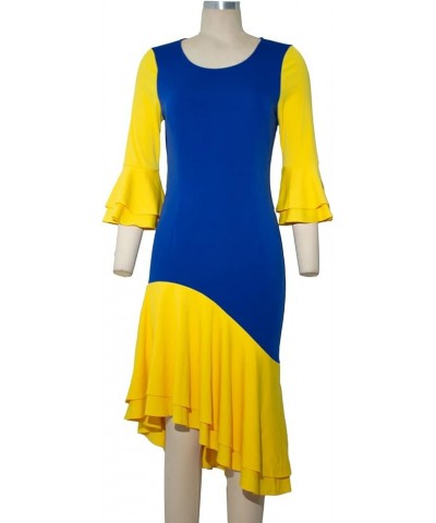 Women Plus Size Asymmetrical Patchwork Colorblock Blue Yellow Ruffle Long Sleeve Bodycon Party Midi Dress Multicoloured $15.5...