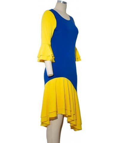 Women Plus Size Asymmetrical Patchwork Colorblock Blue Yellow Ruffle Long Sleeve Bodycon Party Midi Dress Multicoloured $15.5...