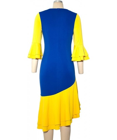 Women Plus Size Asymmetrical Patchwork Colorblock Blue Yellow Ruffle Long Sleeve Bodycon Party Midi Dress Multicoloured $15.5...