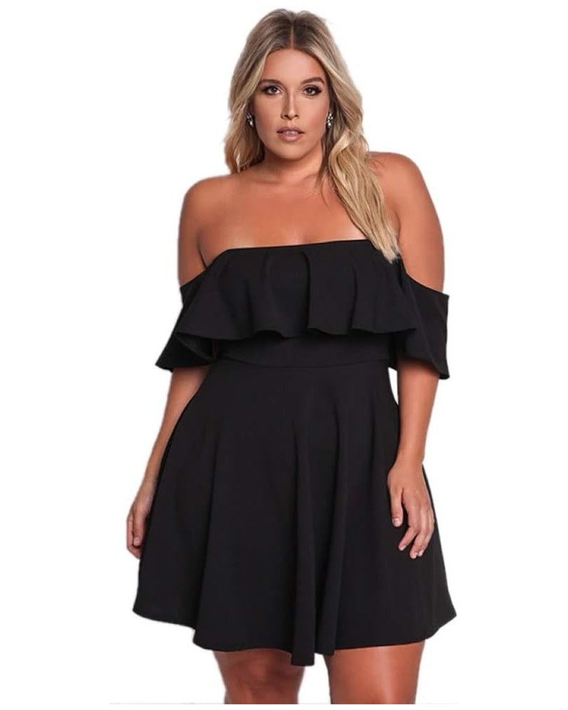 Women's Off Shoulder Strapless Ruffle Mini Plus Size Swing Dresses Black $16.28 Dresses