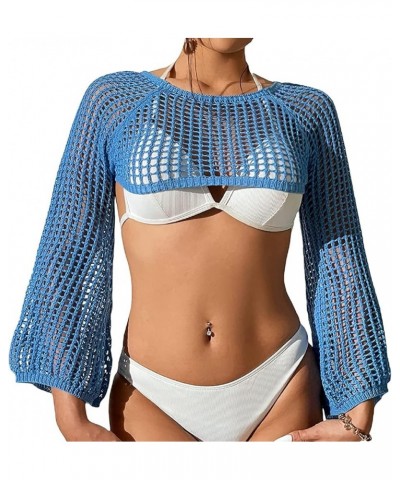 Women Crochet Super Crop Tops Y2k Long Sleeve Patchwork Shrug Sweater Short Knitwear Coverup Tee Streetwear B Blue $10.50 Swe...