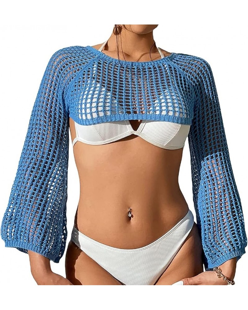 Women Crochet Super Crop Tops Y2k Long Sleeve Patchwork Shrug Sweater Short Knitwear Coverup Tee Streetwear B Blue $10.50 Swe...