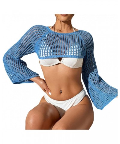 Women Crochet Super Crop Tops Y2k Long Sleeve Patchwork Shrug Sweater Short Knitwear Coverup Tee Streetwear B Blue $10.50 Swe...