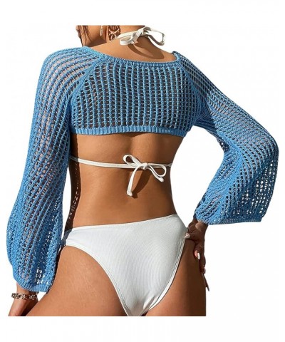 Women Crochet Super Crop Tops Y2k Long Sleeve Patchwork Shrug Sweater Short Knitwear Coverup Tee Streetwear B Blue $10.50 Swe...