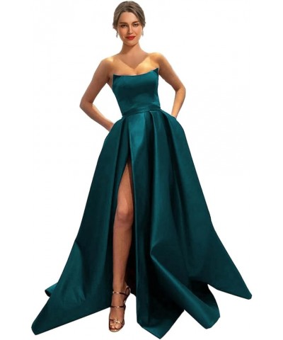 Womens Long Strapless Satin Prom Dress Sleeveless Slit Evening Ball Gown with Pockets Teal $43.56 Dresses