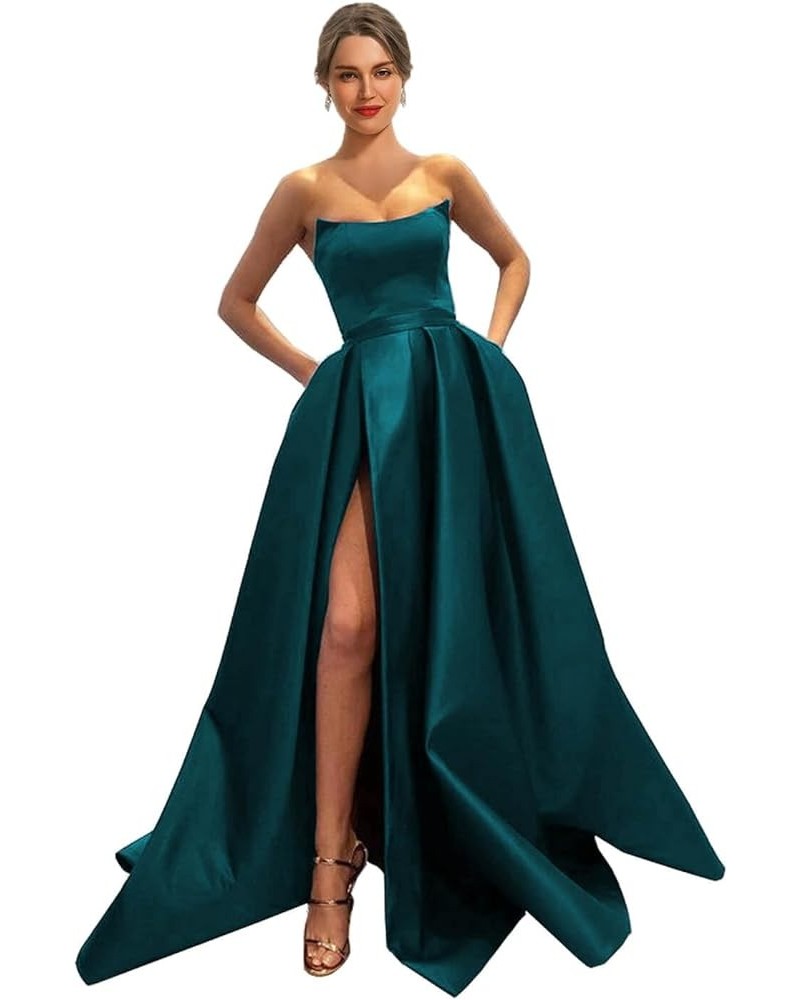 Womens Long Strapless Satin Prom Dress Sleeveless Slit Evening Ball Gown with Pockets Teal $43.56 Dresses