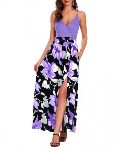 Women's 2024 Summer V Neck Beach Strap Sleeveless Casual Split Long Maxi Dress 03-violet P Purple Flower $12.99 Dresses