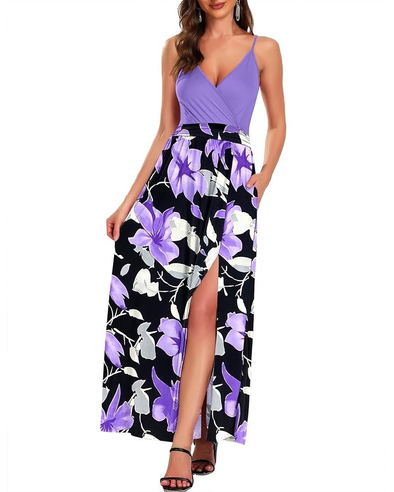 Women's 2024 Summer V Neck Beach Strap Sleeveless Casual Split Long Maxi Dress 03-violet P Purple Flower $12.99 Dresses