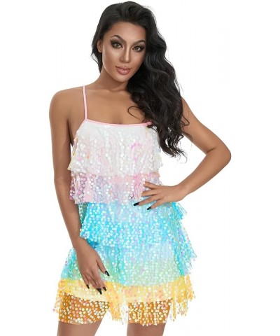 Women Sequin Sparkly Layered Mini Dress Rainbow Glitter Spaghetti Strap Concert Short Dress Party Clubwear Dresses Rainbow Ye...