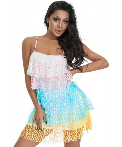 Women Sequin Sparkly Layered Mini Dress Rainbow Glitter Spaghetti Strap Concert Short Dress Party Clubwear Dresses Rainbow Ye...