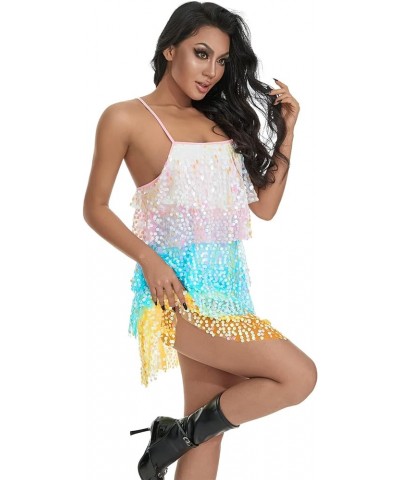 Women Sequin Sparkly Layered Mini Dress Rainbow Glitter Spaghetti Strap Concert Short Dress Party Clubwear Dresses Rainbow Ye...