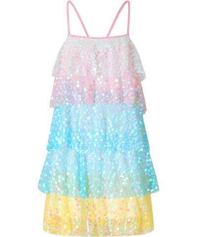 Women Sequin Sparkly Layered Mini Dress Rainbow Glitter Spaghetti Strap Concert Short Dress Party Clubwear Dresses Rainbow Ye...