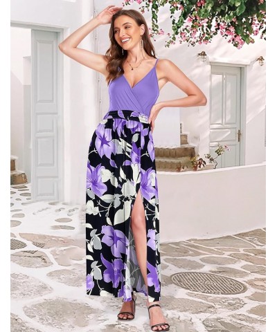 Women's 2024 Summer V Neck Beach Strap Sleeveless Casual Split Long Maxi Dress 03-violet P Purple Flower $12.99 Dresses