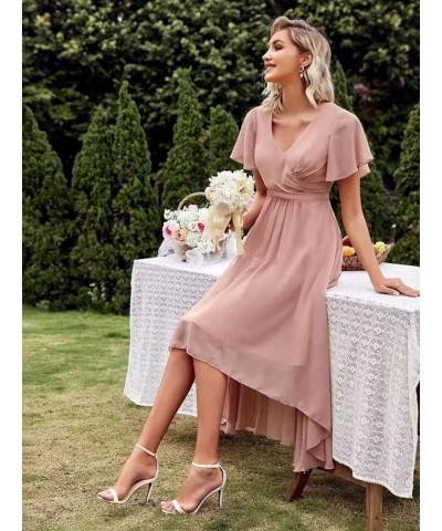 Women's High Low Bridesmaid Dresses V Neck Chiffon Short Sleeves Formal Party Gown Lavender $23.97 Dresses