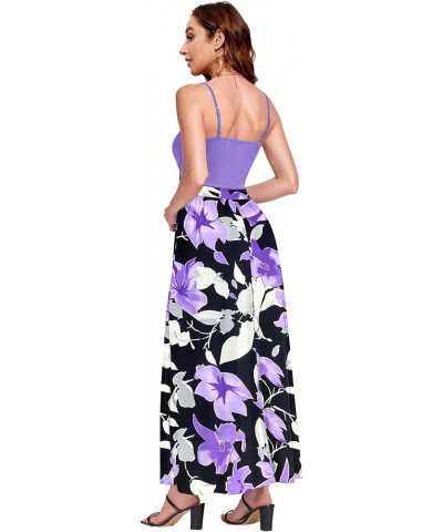 Women's 2024 Summer V Neck Beach Strap Sleeveless Casual Split Long Maxi Dress 03-violet P Purple Flower $12.99 Dresses