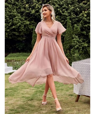 Women's High Low Bridesmaid Dresses V Neck Chiffon Short Sleeves Formal Party Gown Lavender $23.97 Dresses