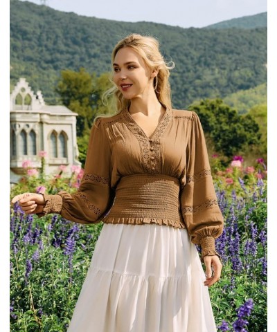 Women's Renaissance Peasant Blouse V Neck Lantern Sleeve Lace Smocked Tops Autumnal $19.80 Blouses