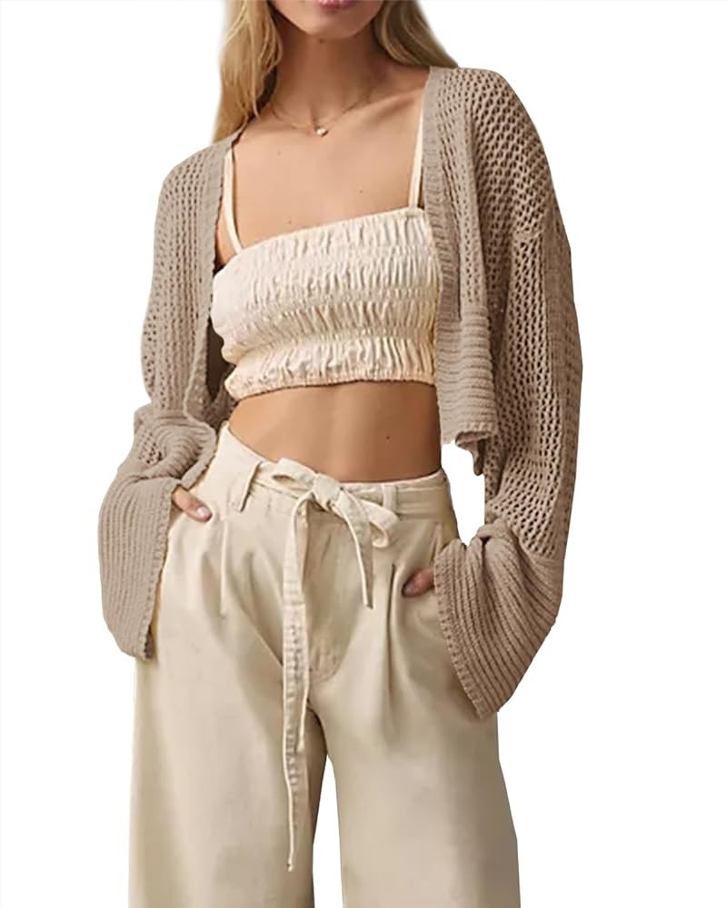 Cropped Cardigan Sweaters for Women Kimonos Boho Lightweight Summer Open Front Knit Cardigan Outerwear Khaki $15.51 Sweaters