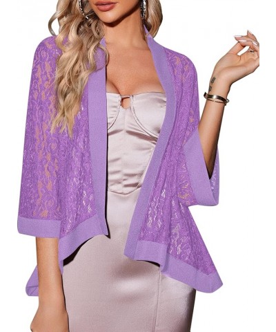 Women's Casual Lace Crochet Cardigan 3 4 Sleeve Sheer Cover Up Jacket Plus Size Purple $10.25 Sweaters