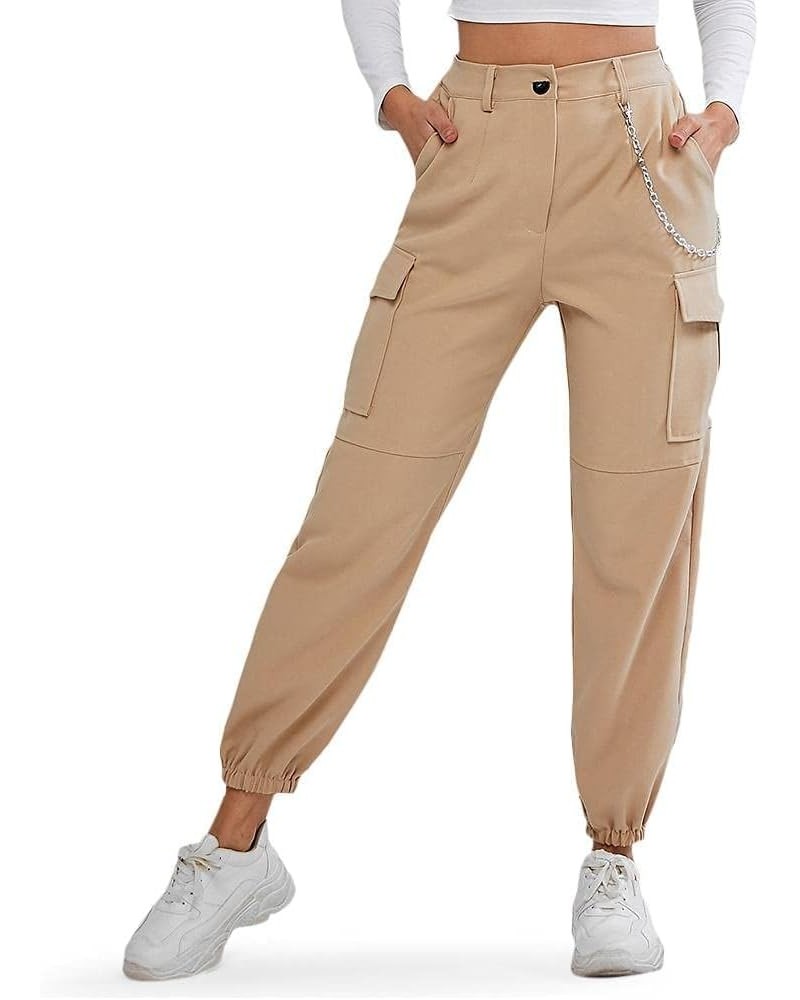 Women's Jogger Pants Solid Cargo Pants with Flap Pocket High Waisted Pants Khaki $10.99 Pants