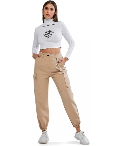 Women's Jogger Pants Solid Cargo Pants with Flap Pocket High Waisted Pants Khaki $10.99 Pants