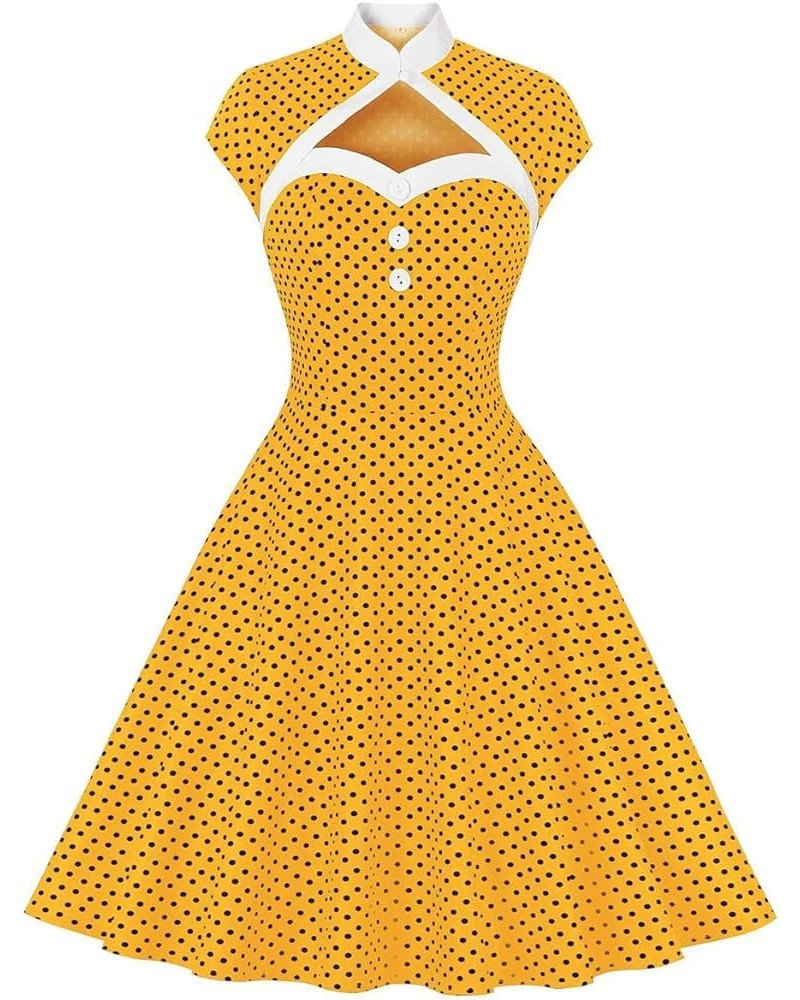 Women 50s 60s Vintage Sleeveless Cocktail Swing Dress 1950s Polka Dot Floral Audrey Rockabilly Prom Party Dress with Belt Yel...