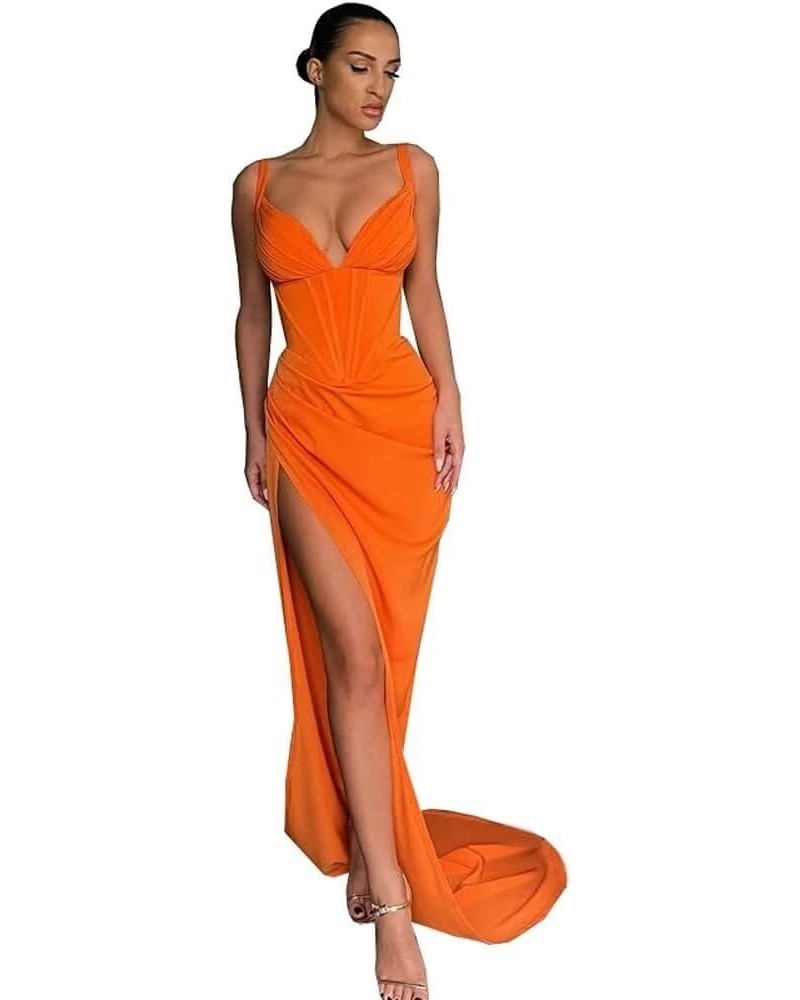 Women's Satin Mermaid Prom Dresses Long Spaghetti Straps V Neck Pleated Formal Evening Party Gowns with Slit Orange $28.80 Dr...