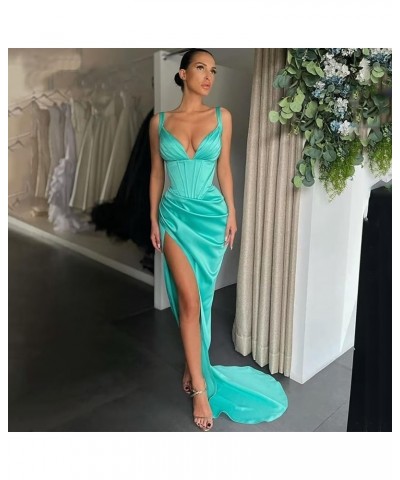 Women's Satin Mermaid Prom Dresses Long Spaghetti Straps V Neck Pleated Formal Evening Party Gowns with Slit Orange $28.80 Dr...