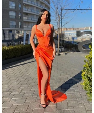 Women's Satin Mermaid Prom Dresses Long Spaghetti Straps V Neck Pleated Formal Evening Party Gowns with Slit Orange $28.80 Dr...