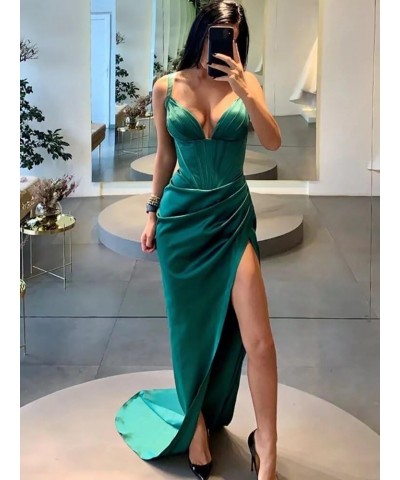 Women's Satin Mermaid Prom Dresses Long Spaghetti Straps V Neck Pleated Formal Evening Party Gowns with Slit Orange $28.80 Dr...