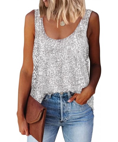 Womens Summer Fashion Sequin Tops Scoop Neck Sequin Sparkle Shimmer Sleeveless Tanks Tops Blouses Sliver $19.79 Tanks