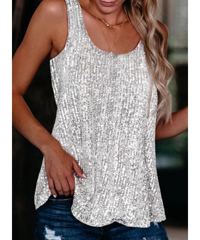 Womens Summer Fashion Sequin Tops Scoop Neck Sequin Sparkle Shimmer Sleeveless Tanks Tops Blouses Sliver $19.79 Tanks