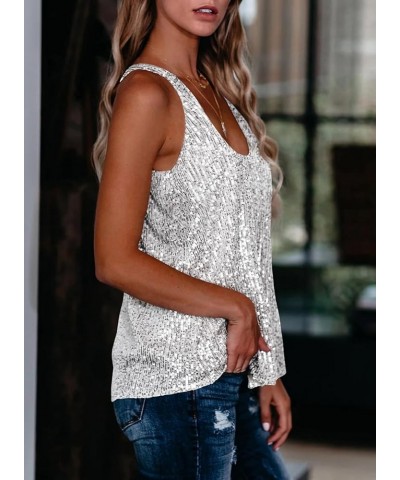 Womens Summer Fashion Sequin Tops Scoop Neck Sequin Sparkle Shimmer Sleeveless Tanks Tops Blouses Sliver $19.79 Tanks